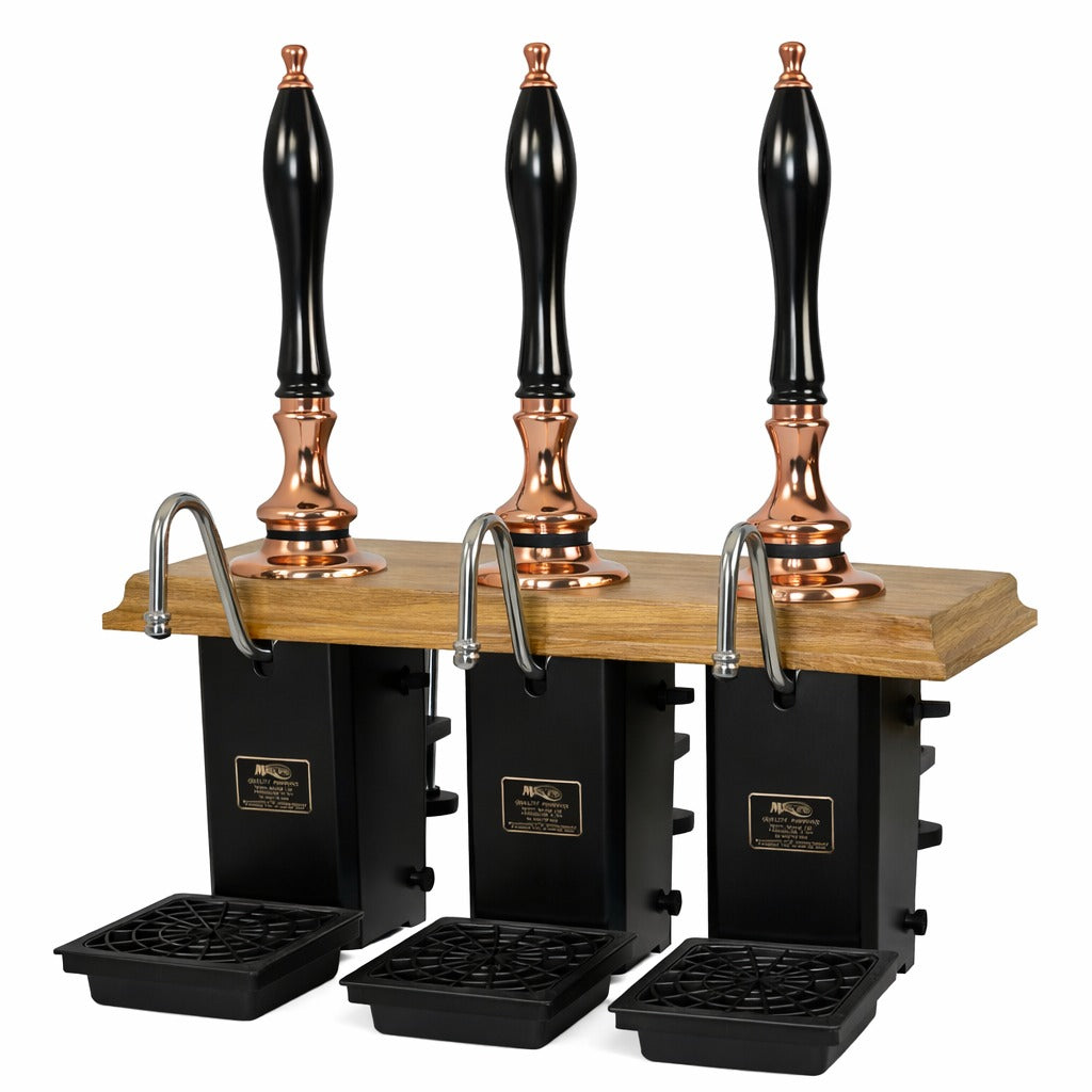 Three-pull Pint365 Deluxe hand pull in copper finish with wooden oak plinth and black handles, triple swan neck spouts and drip trays.