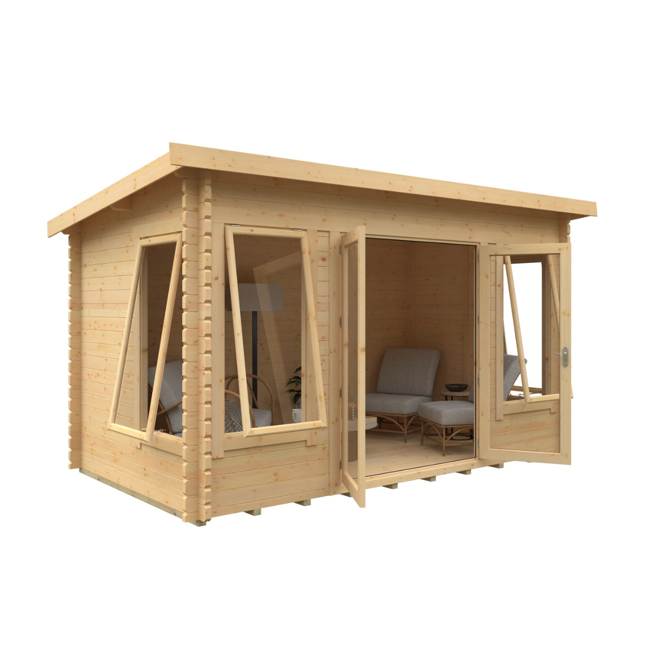 Angled cutout view of Hatfield 44mm log cabin with open doors and tilt windows revealing bright timber interior.