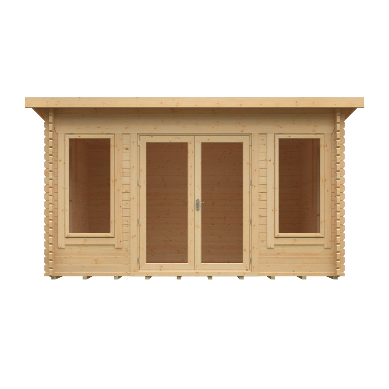 Studio cutout view of the Broadfield Hatfield 44mm log cabin showing double glazed doors and tall side windows in natural timber.