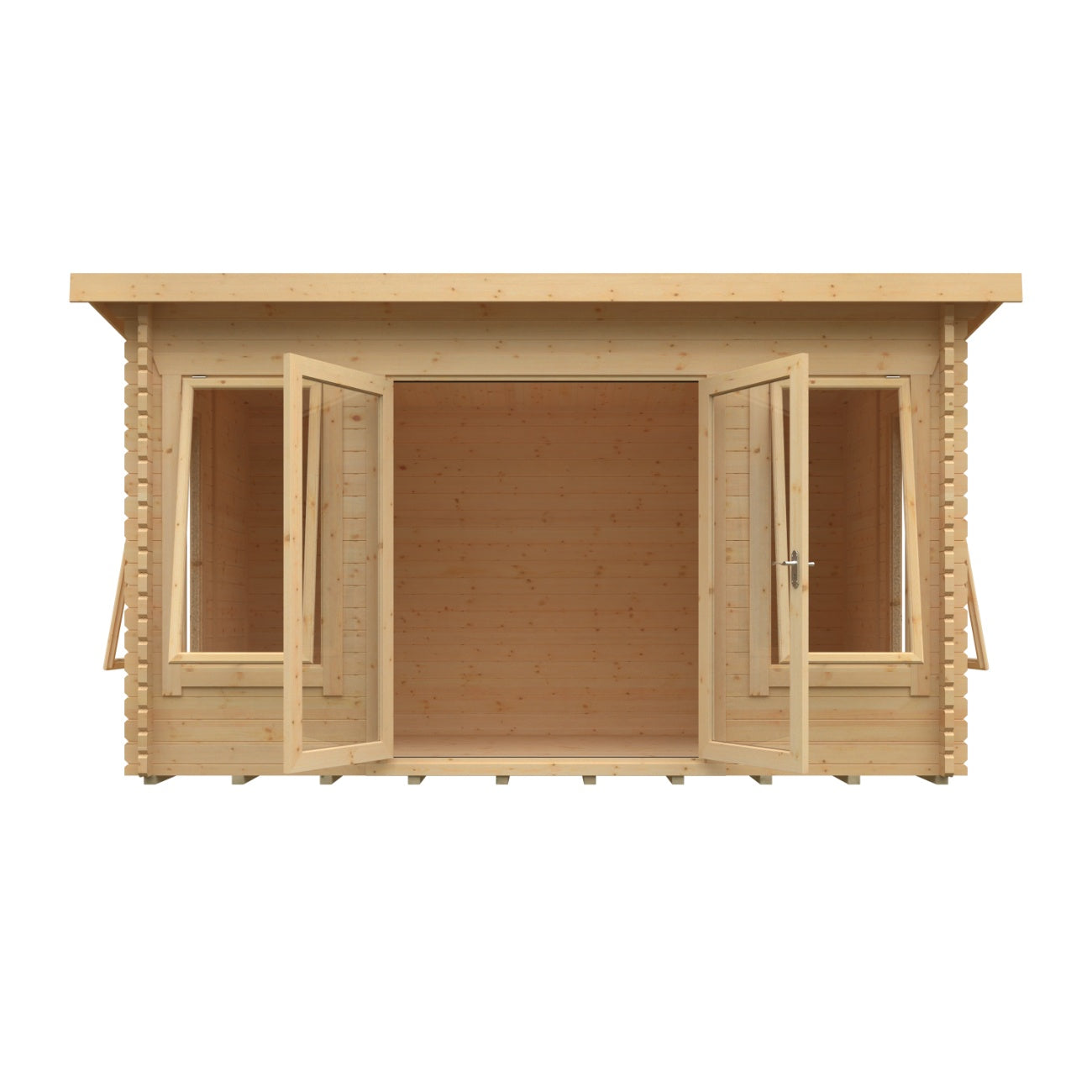 Front cutout view of the Broadfield Hatfield 44mm log cabin with double doors open highlighting spacious natural timber interior.