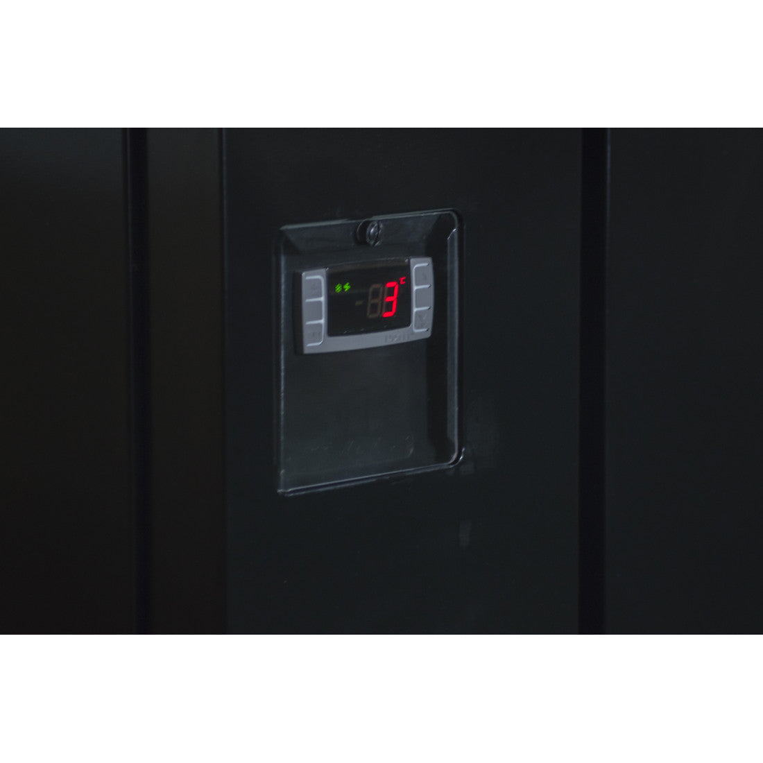 Close-up of the digital temperature display on the Prodis double tap keg cooler in black, showing clear controls for precise beer cooling
