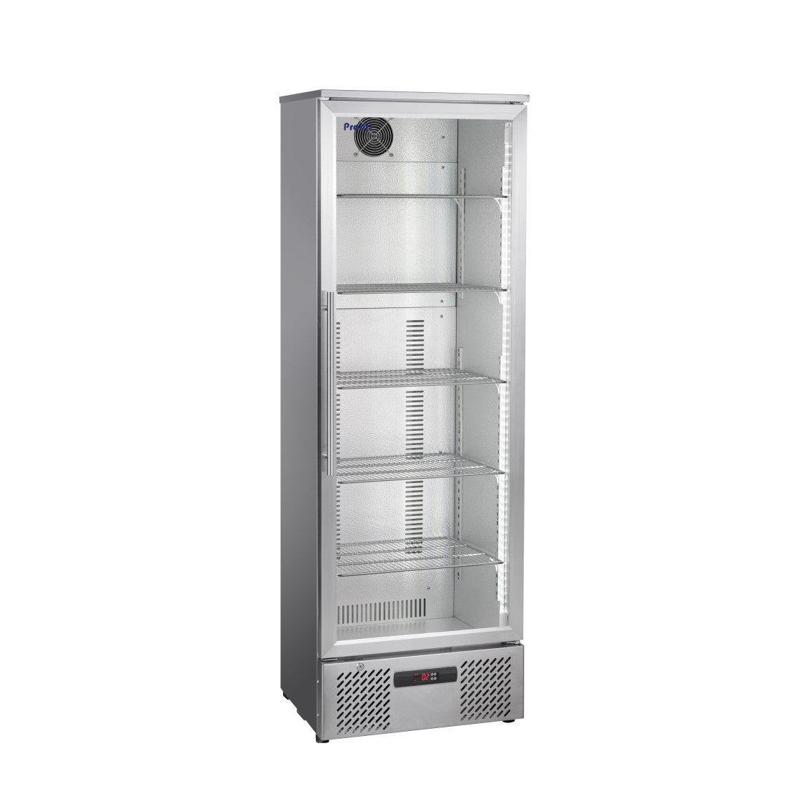 Front view of the Prodis low energy single door bottle cooler in stainless steel, showing full-height glass door and adjustable shelves,
