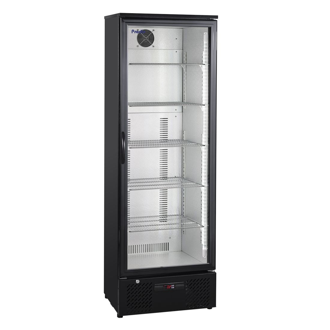 Front view of the Prodis low energy single door bottle cooler in black, showing tall glass door, internal shelving, and clean commercial display design.