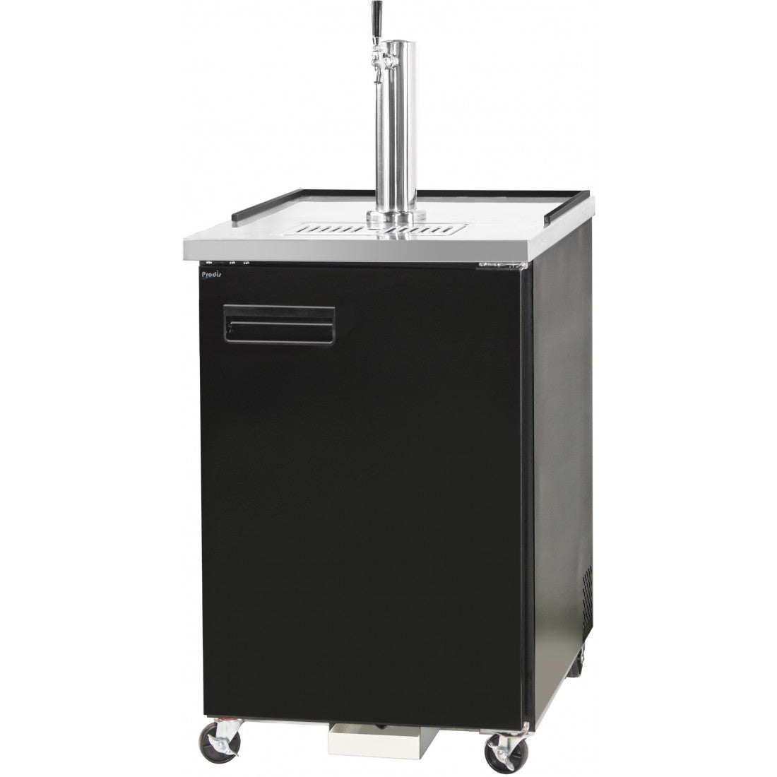 Angled cutout view of the Prodis single door portable keg cooler in black, highlighting the tap tower, drip tray, and smooth-rolling castor wheels