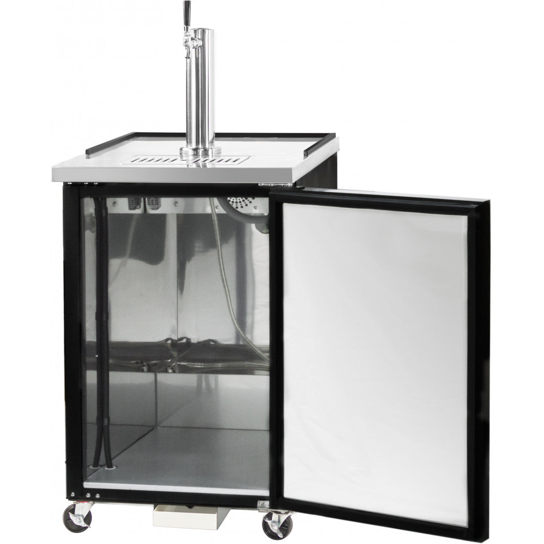 Front view of the Prodis single door portable keg cooler in black with door open, showing space for a single keg and lockable castor wheels below