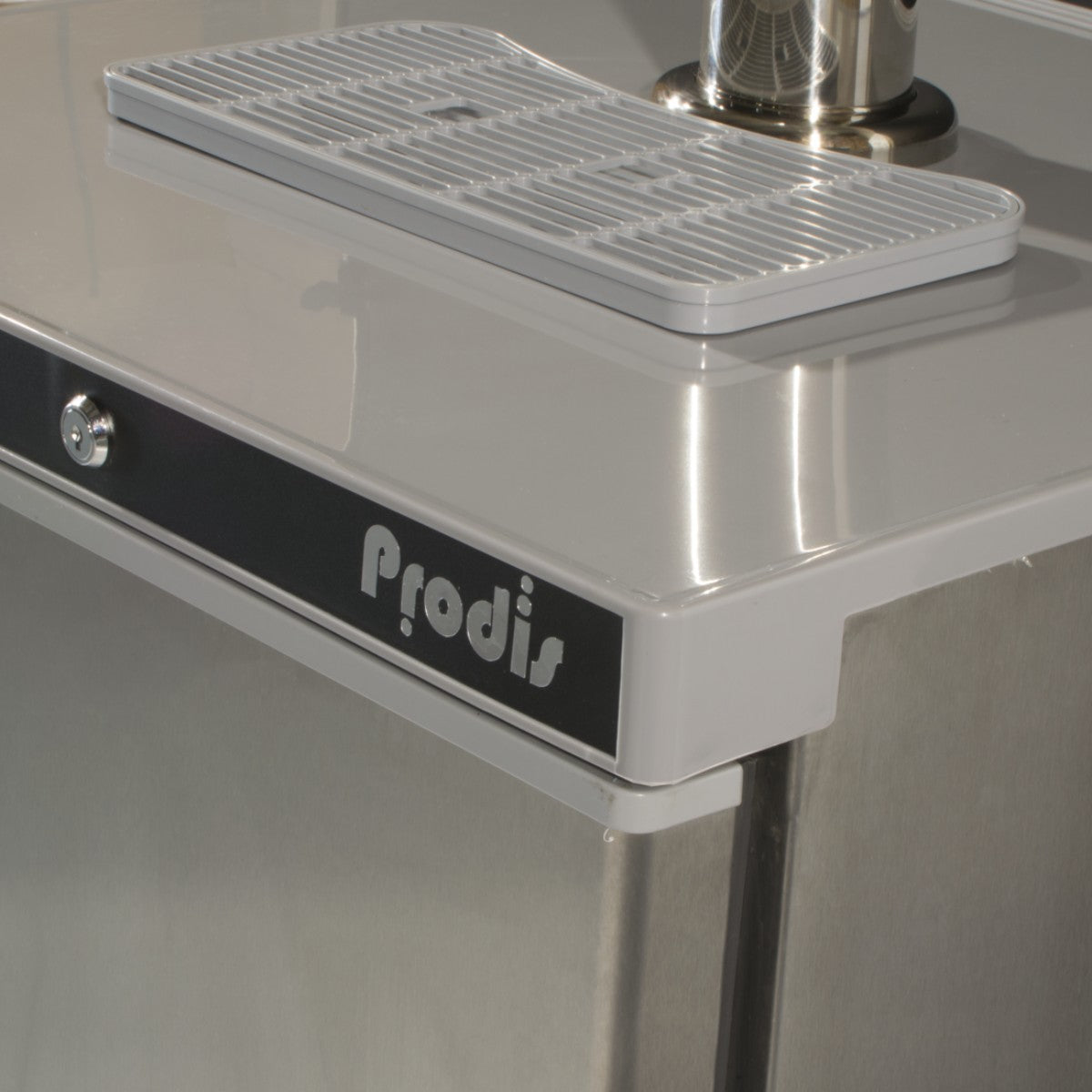 Close-up view of the Prodis single tap keg cooler in stainless steel, highlighting the branded front panel and smooth, easy-clean metal finish