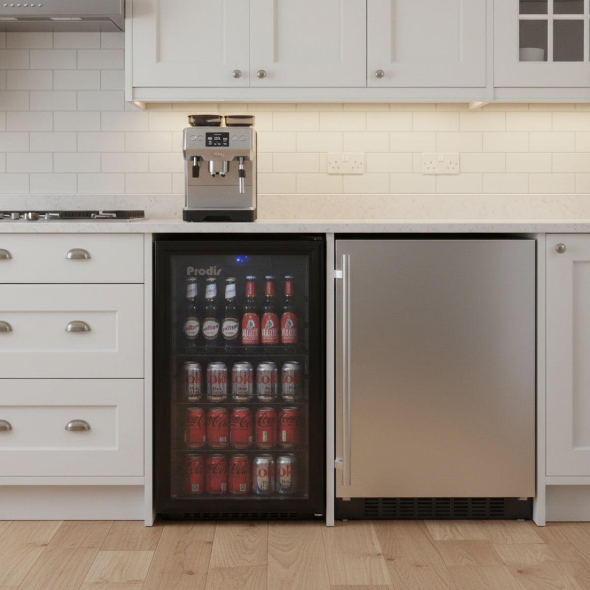 Integrated kitchen view of the Prodis under counter beverage cooler, framed by cabinetry and appliances with illuminated drinks visible behind glass
