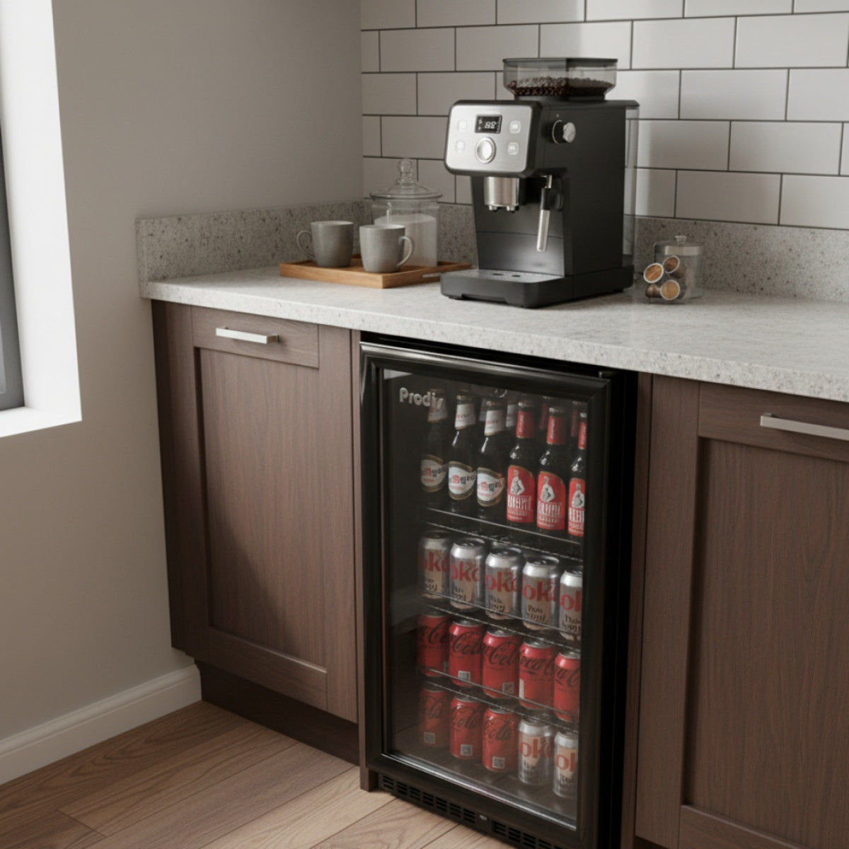 Lifestyle view of the Prodis under counter beverage cooler in black, neatly fitted into kitchen cabinetry with glass door showcasing chilled drinks