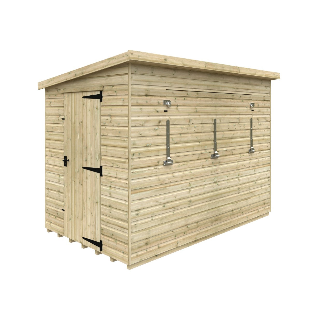 Angled cutout view of the 10ft wide x 6ft deep Broadfield tanalised bar shed with hatch closed, highlighting side door access and clean timber cladding