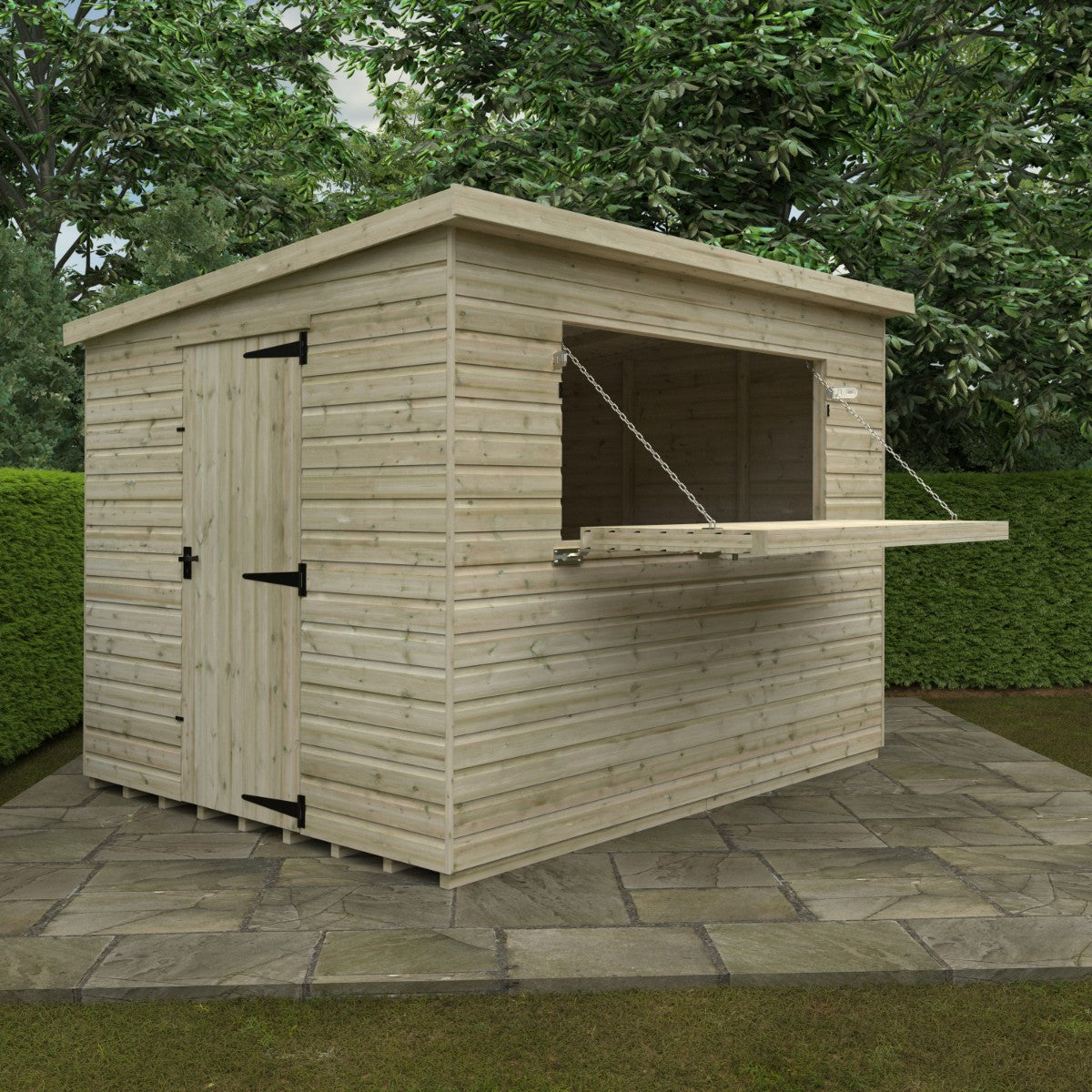 Angled lifestyle view of the 10ft wide x 8ft deep Broadfield tanalised bar shed, showing side door access, open serving hatch, and garden setting