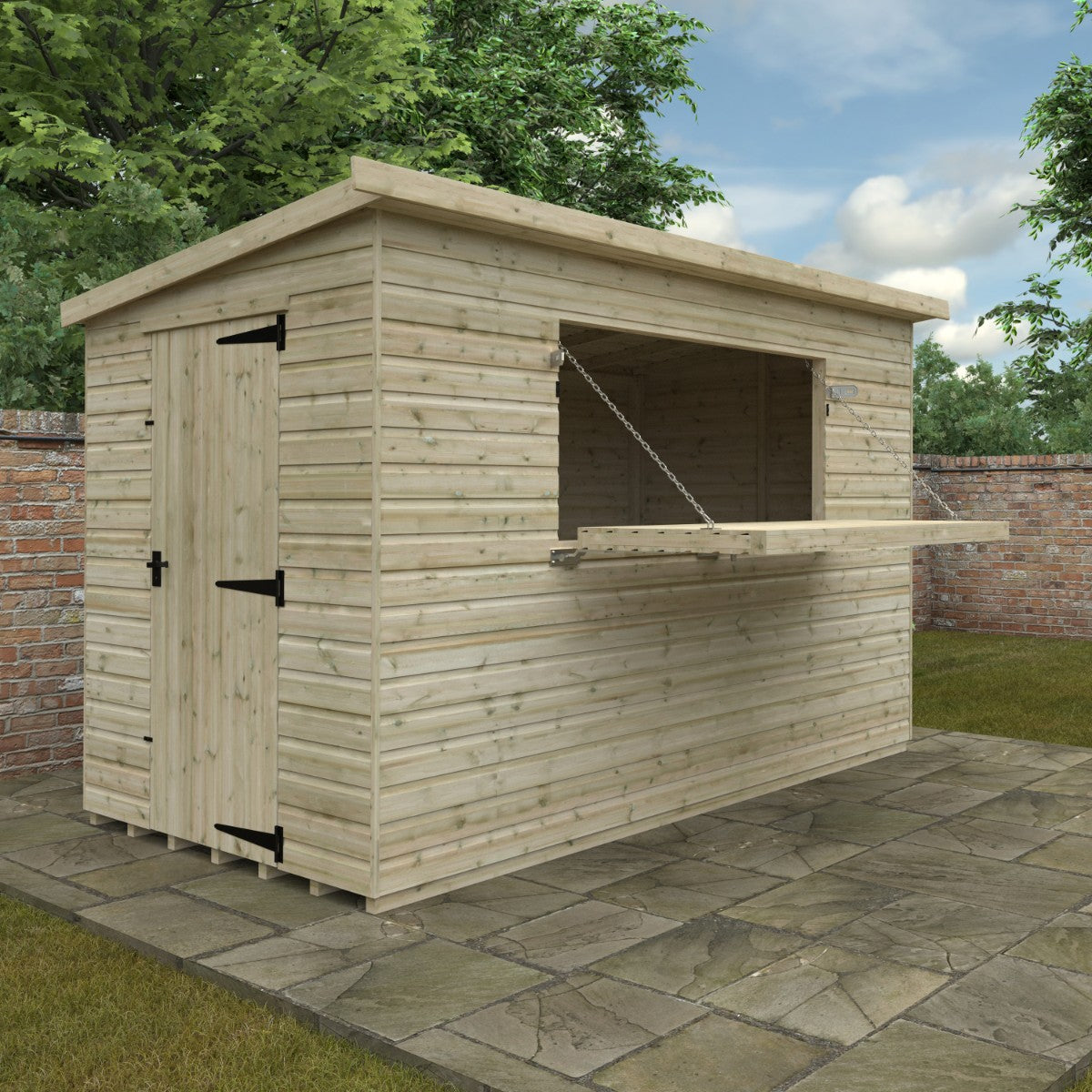 Lifestyle view of the 12ft wide x 6ft deep Broadfield tanalised bar shed set in a garden, showing timber cladding, side door access, and open hatch