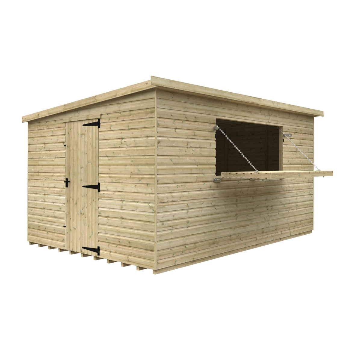 Cutout view of the Broadfield tanalised bar shed measuring 14ft wide x 10ft deep, showcasing spacious bar interior, serving hatch with chains and side door