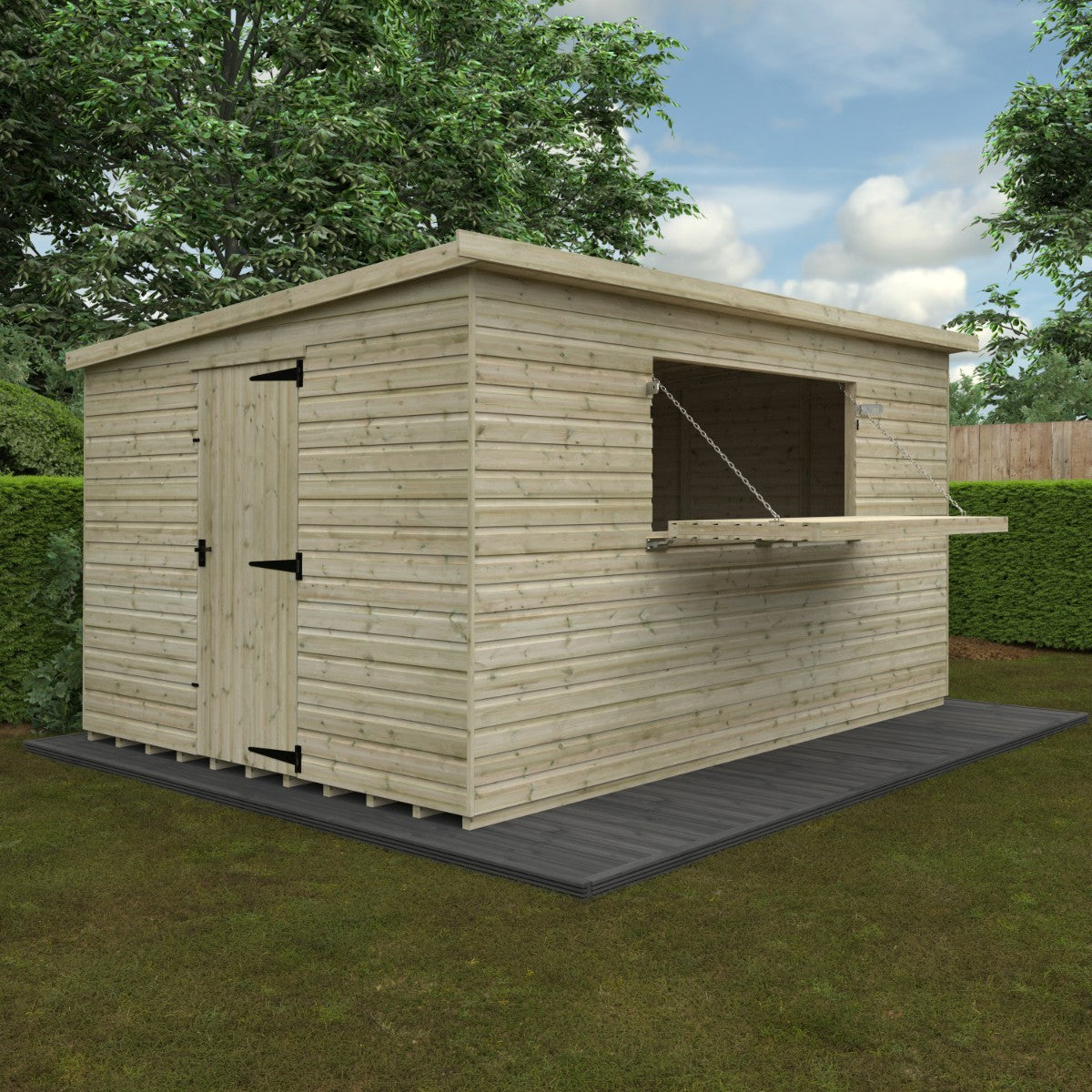 Lifestyle view of the Broadfield tanalised bar shed measuring 14ft wide x 10ft deep, showing wide footprint, open bar hatch and timber cladding