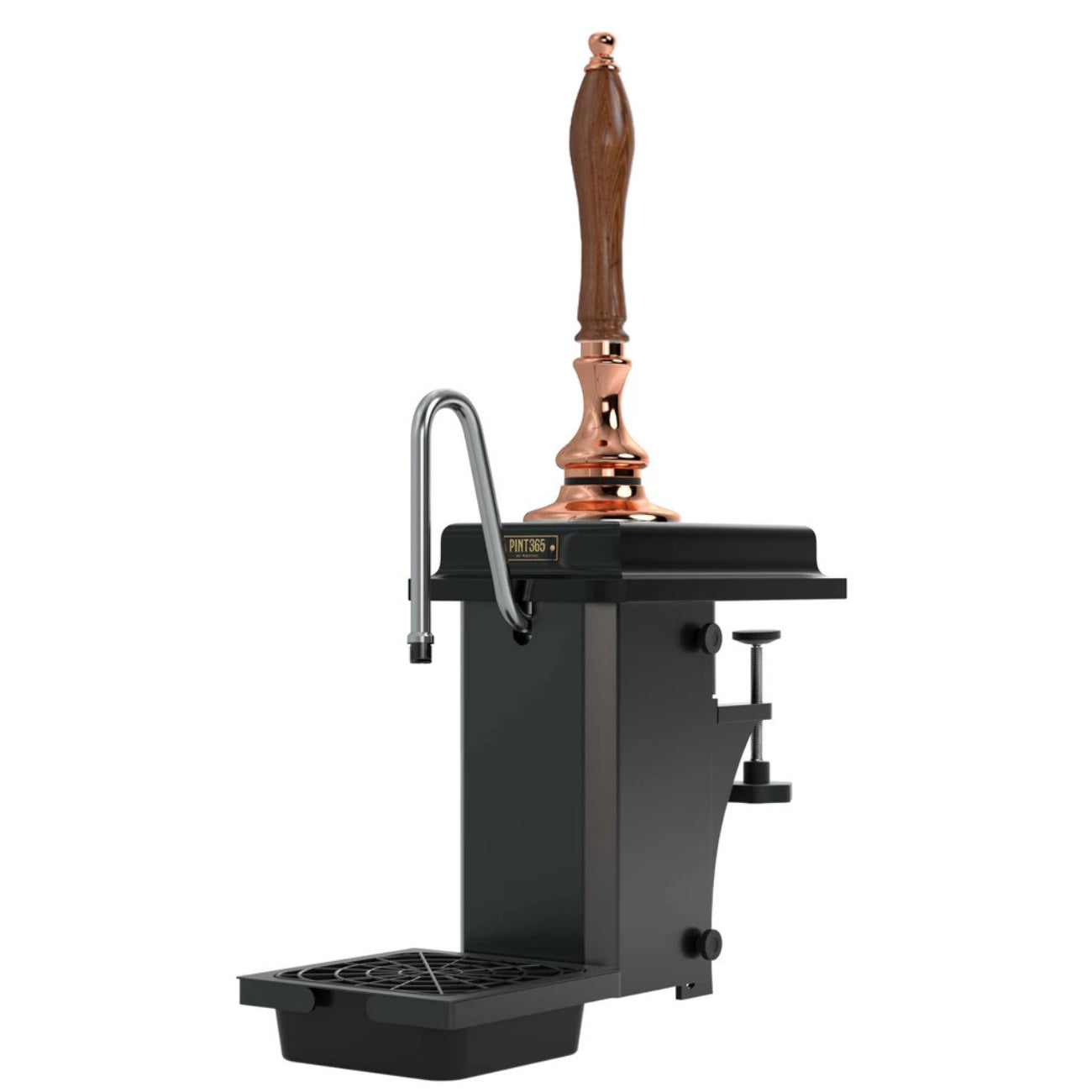 Cutout view of the Harry Mason Pint 365 Beer Pump in copper finish with wooden black plinth and wooden truncheon handle.