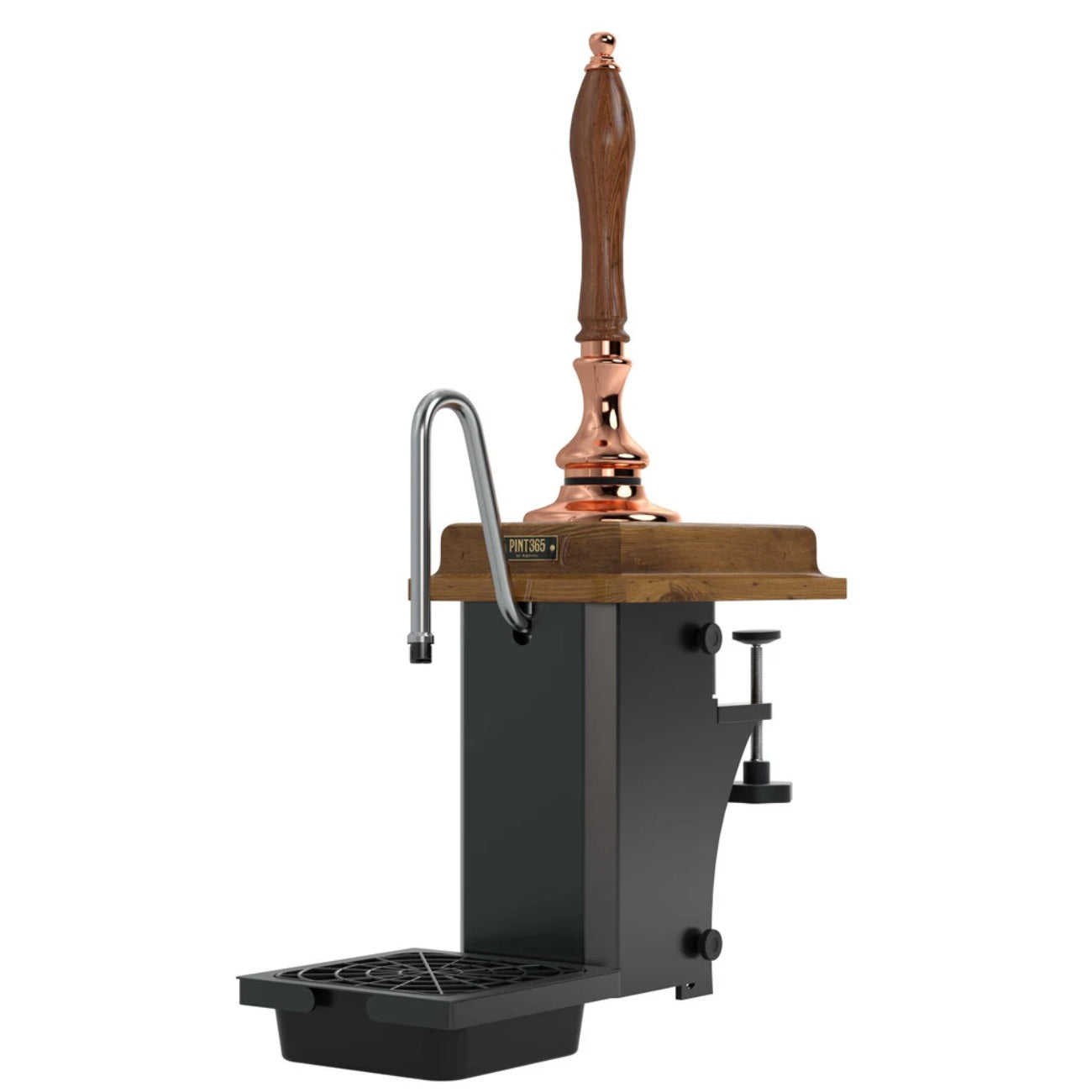 Cutout view of the Harry Mason Pint 365 Beer Pump in Copper finish with wooden oak plinth and wooden truncheon handle.