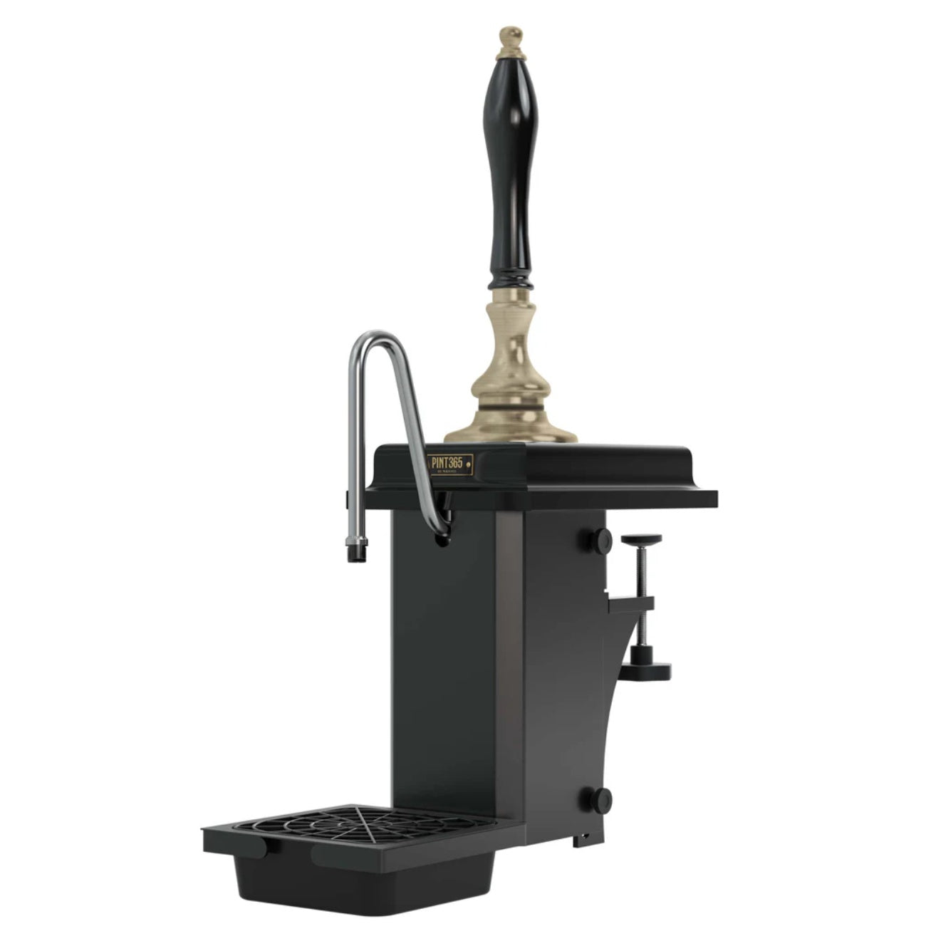 Front view of the Harry Mason Pint365 Beer Pump with Antique Brass finish, black wooden plinth and black plastic handle with integrated drip tray and clamp fixing.