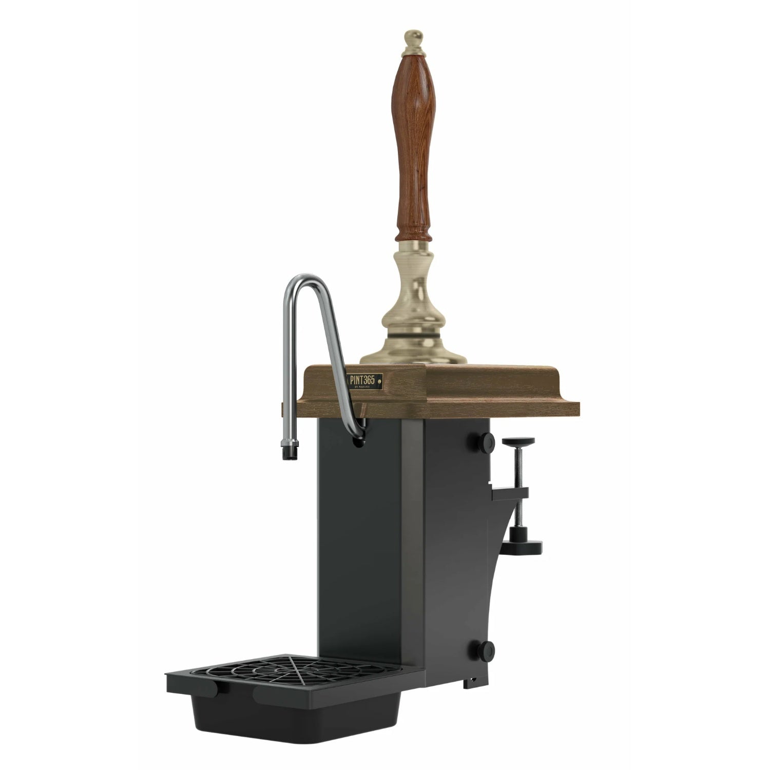 Cutout view of the Harry Mason Pint365 Beer Pump with Antique Brass finish, plastic oak plinth and handle.