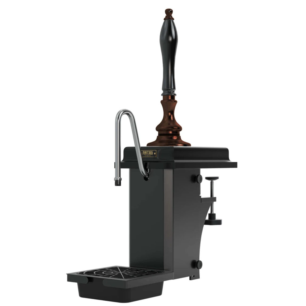 Harry Mason Pint 365 Beer Pump with Antique Copper finish, black wooden plinth and black plastic handle, featuring authentic hand-pull design, clamp fixing and drip tray.