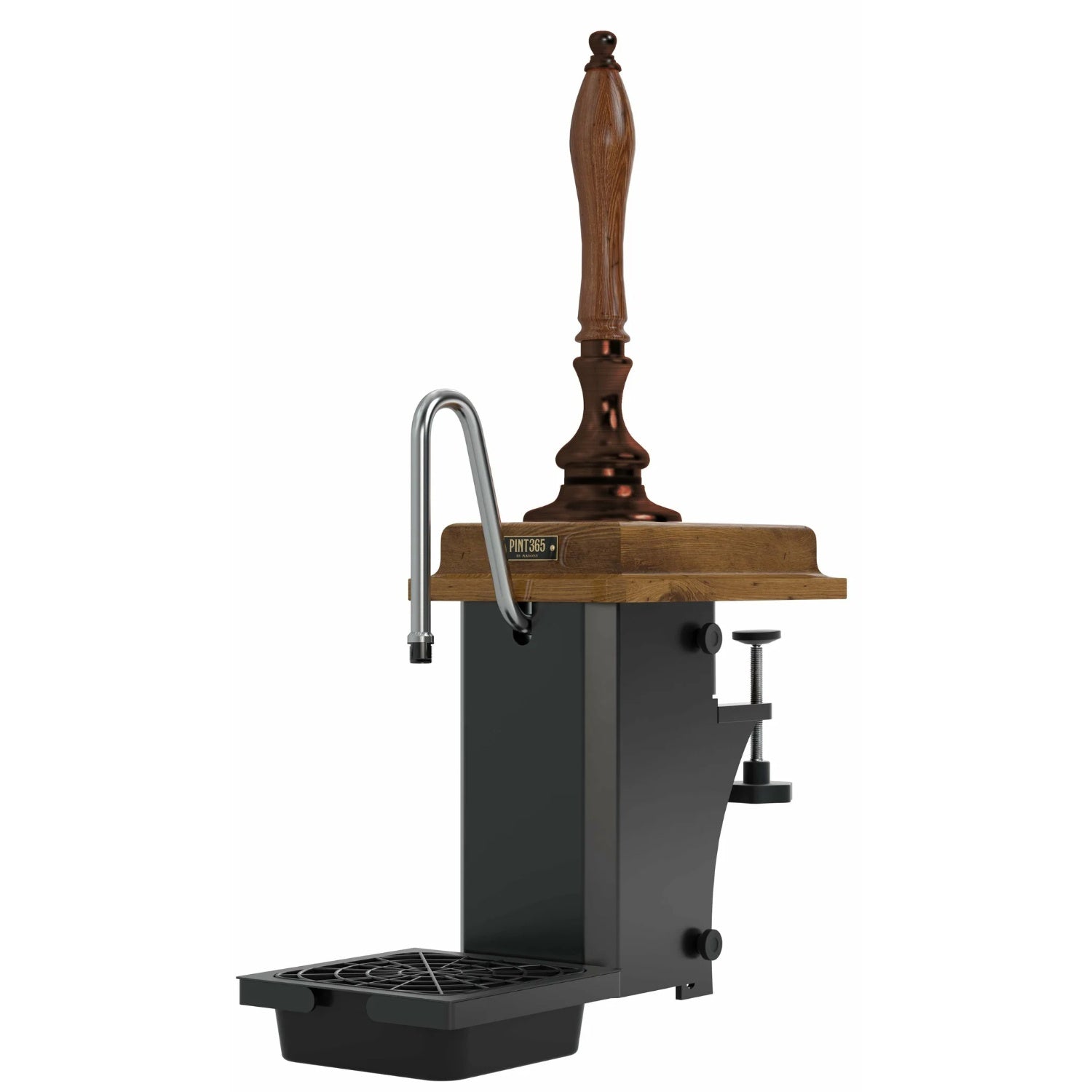 Harry Mason Pint 365 Beer Pump with Antique Copper finish, wooden oak plinth and handle. Showing traditional pump action, clamp fixing and integrated drip tray.