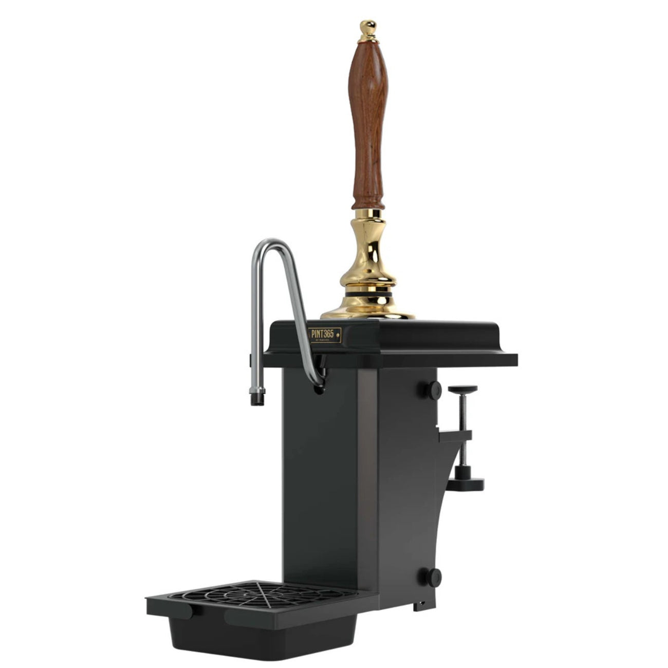 Cutout view of the Harry Mason Beer Pump in Brass finish, paired with a wooden black plinth and traditional wooden truncheon handle.