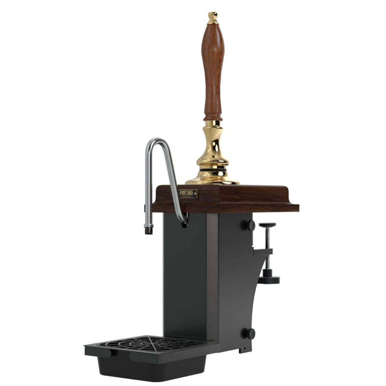 Cutout view of the Harry Mason Pint365 Beer Pump featuring a Brass finish, wooden mahogany plinth and classic wooden truncheon handle.