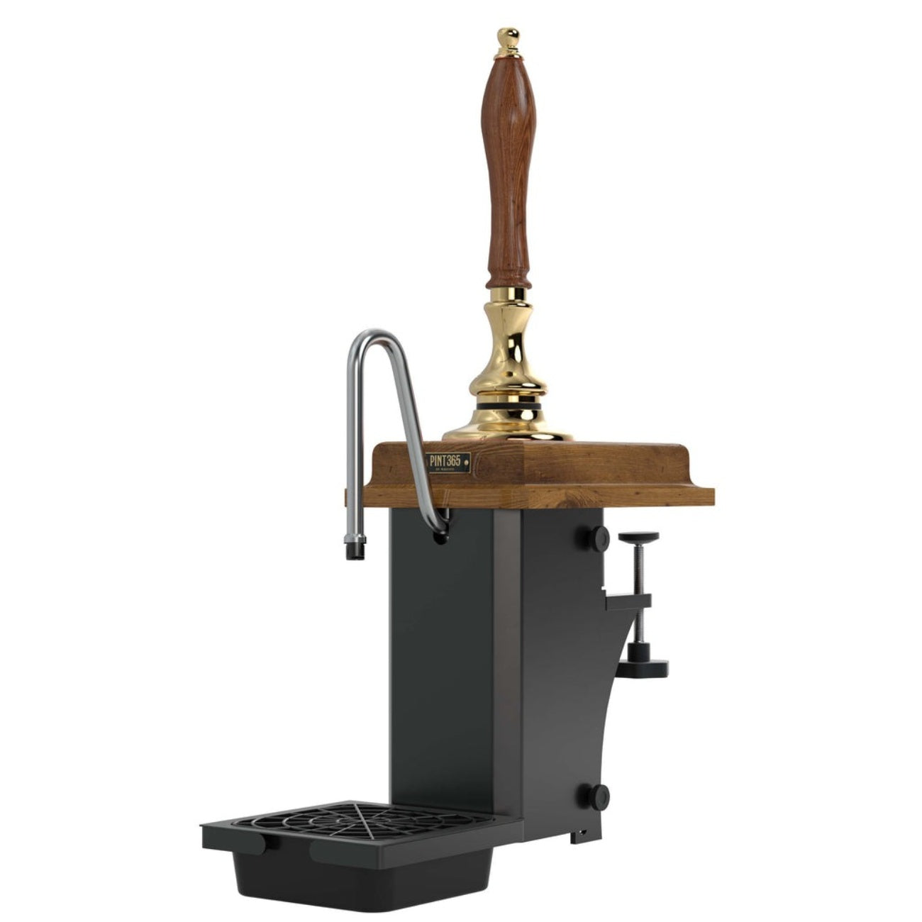 Cutout view of the Harry Mason Beer Pump in Brass finish, featuring a wooden oak plinth and traditional wooden truncheon handle.
