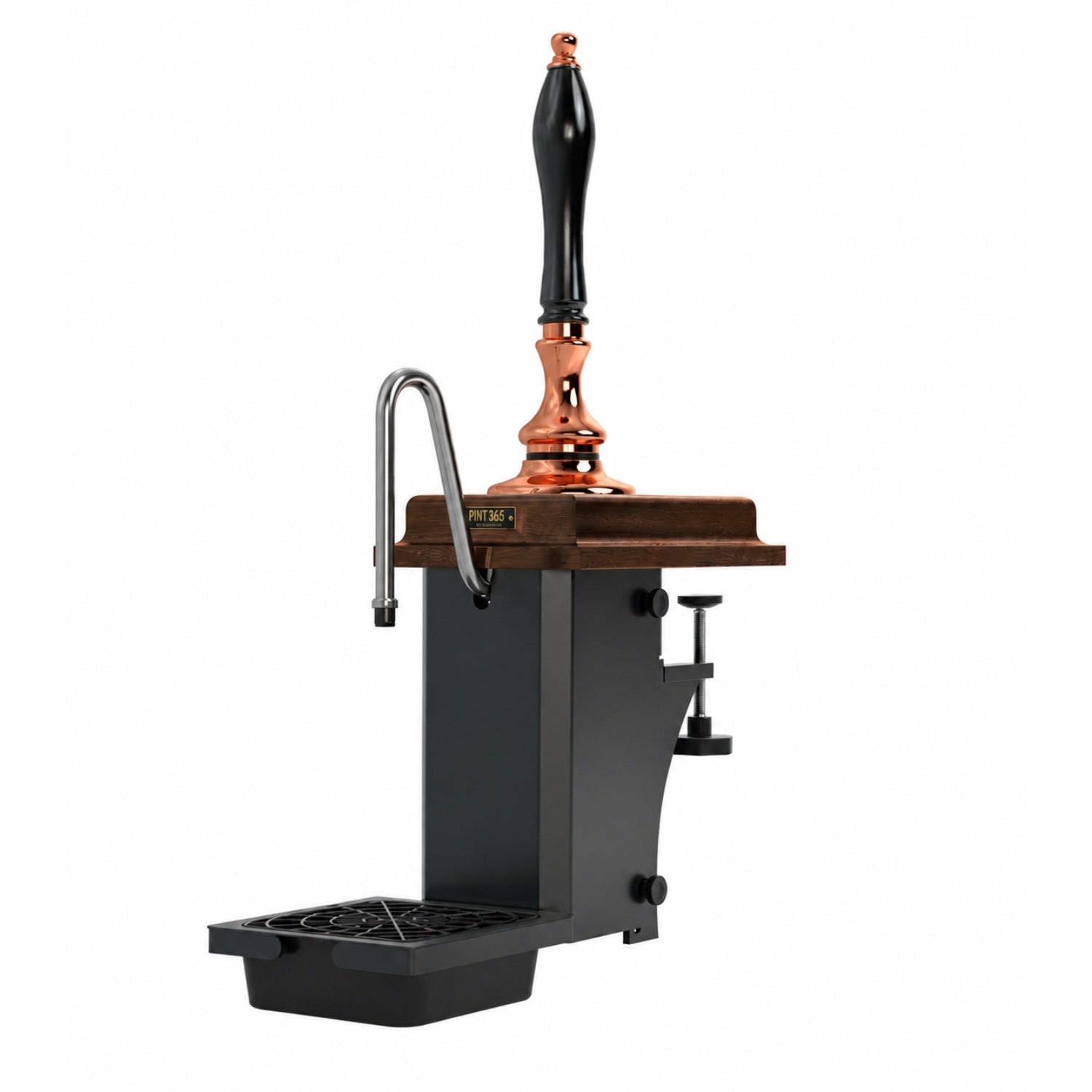 Cutout view of the Harry Mason Pint 365 Beer Pump in copper finish with standard mahogany plinth and black plastic handle, combining classic pub styling with polished copper accents.