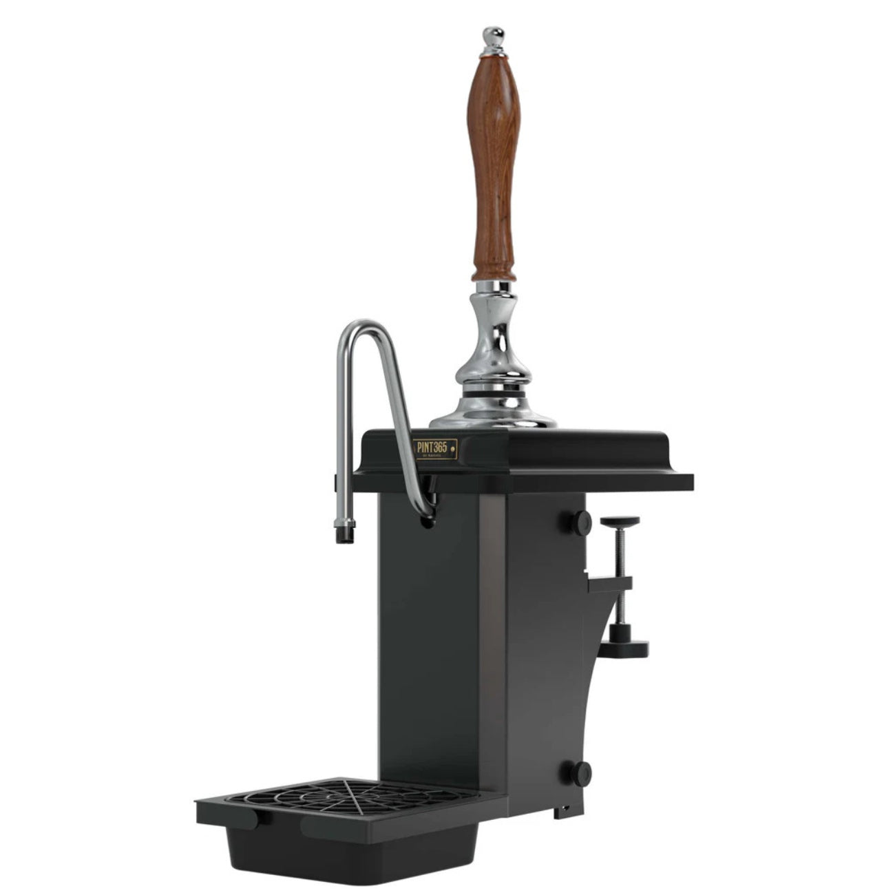 Front view of the Harry Mason Pint365 Beer Pump with black wooden plinth and wooden truncheon handle, showing chrome finish, integrated drip tray, and compact bar-ready design.