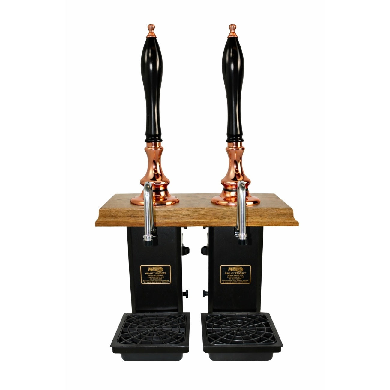 Two-pull Pint365 Deluxe hand pull in copper finish with oak plinth and black handles, twin swan neck spouts and drip trays.