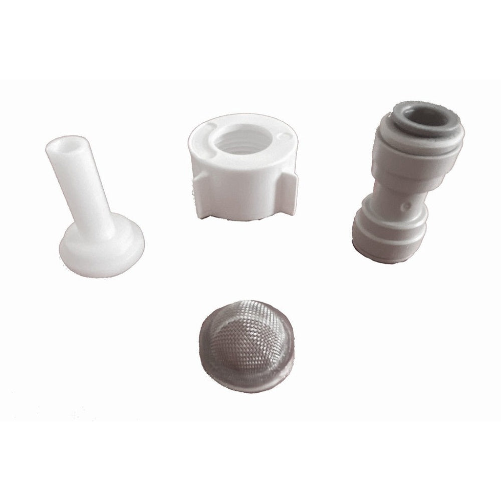 3/4 BSP kit for Pint365 beer engine including white plastic fittings and mesh filter used to connect beer line and regulate flow.