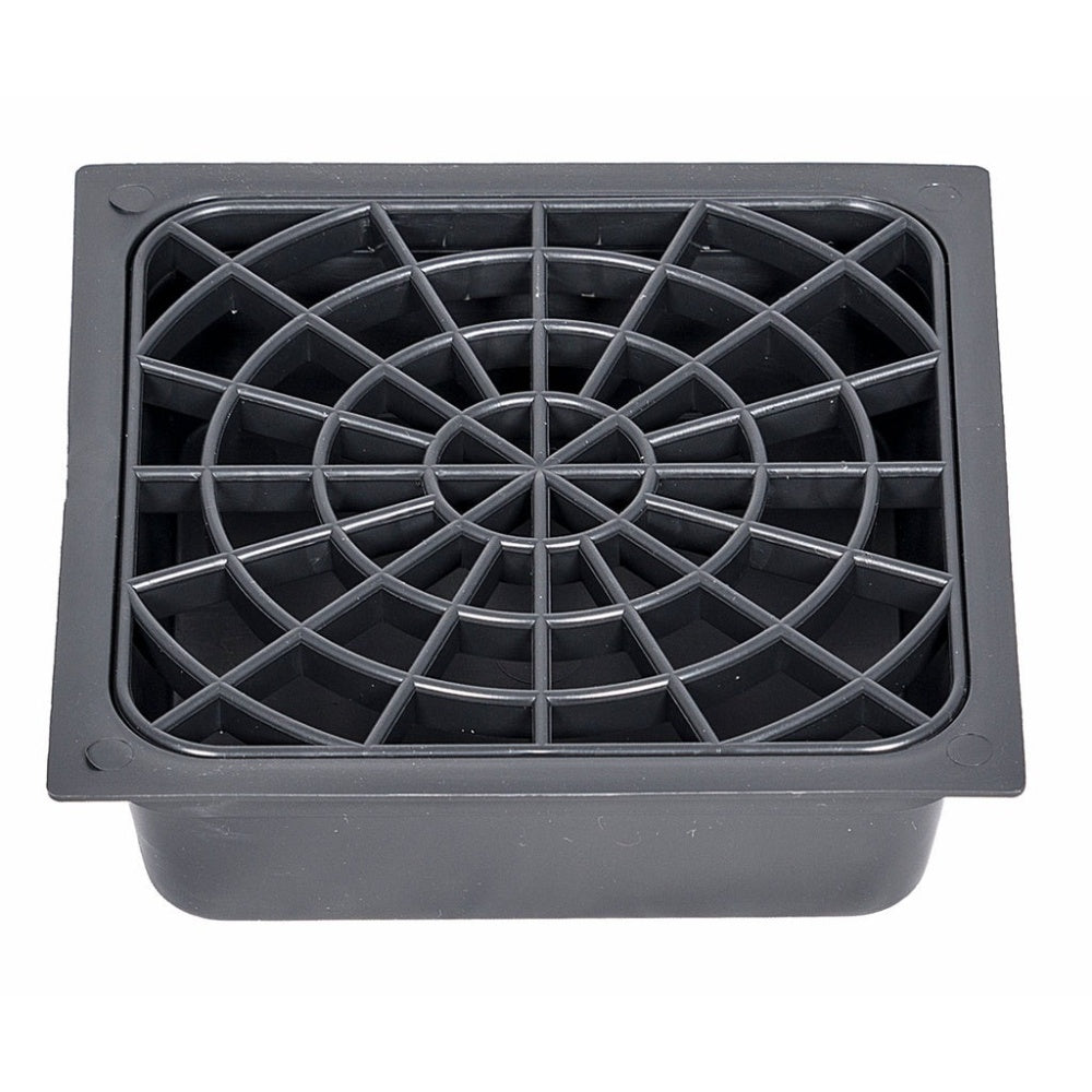 Black 6x6 plastic drip tray with removable grid insert designed to catch spills and drips beneath beer taps or hand pulls.