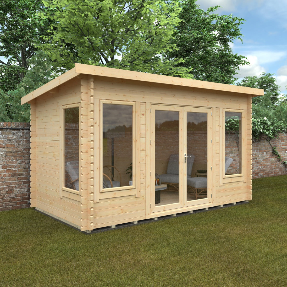 Angled garden view of Broadfield Hatfield 44mm log cabin with double glazed doors and side windows in natural timber finish.
