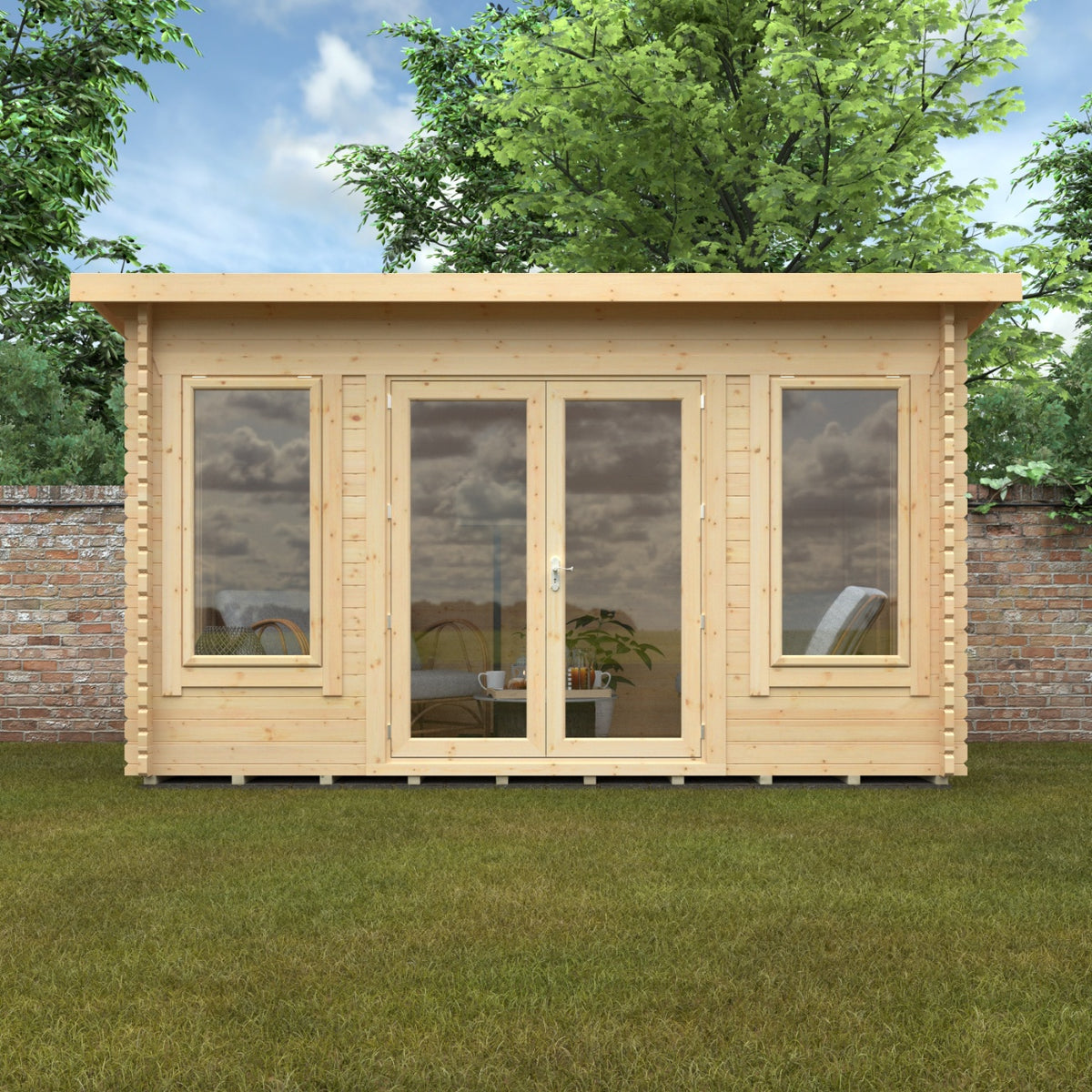 Front view of the Broadfield Hatfield 44mm log cabin with glazed double doors and tall side windows set within natural timber walls.
