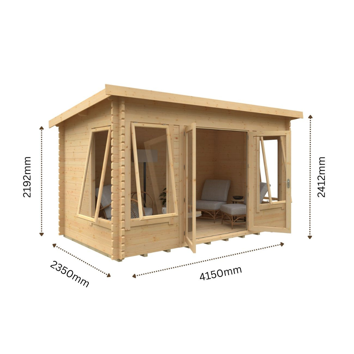 Dimensions view of the Broadfield Hatfield 44mm Log Cabin