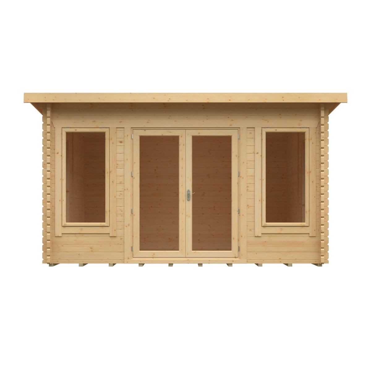 Studio cutout view of the Broadfield Hatfield 44mm log cabin showing double glazed doors and tall side windows in natural timber.