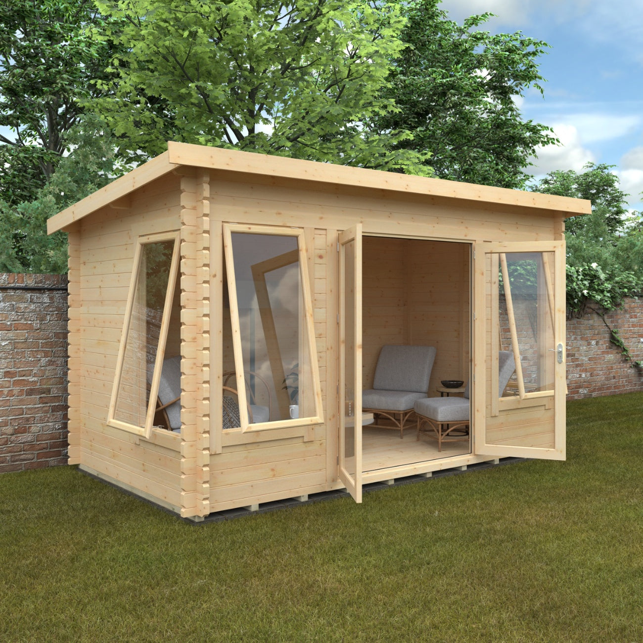 Broadfield Hatfield 44mm log cabin with doors and tilt windows open, revealing bright timber interior seating area.