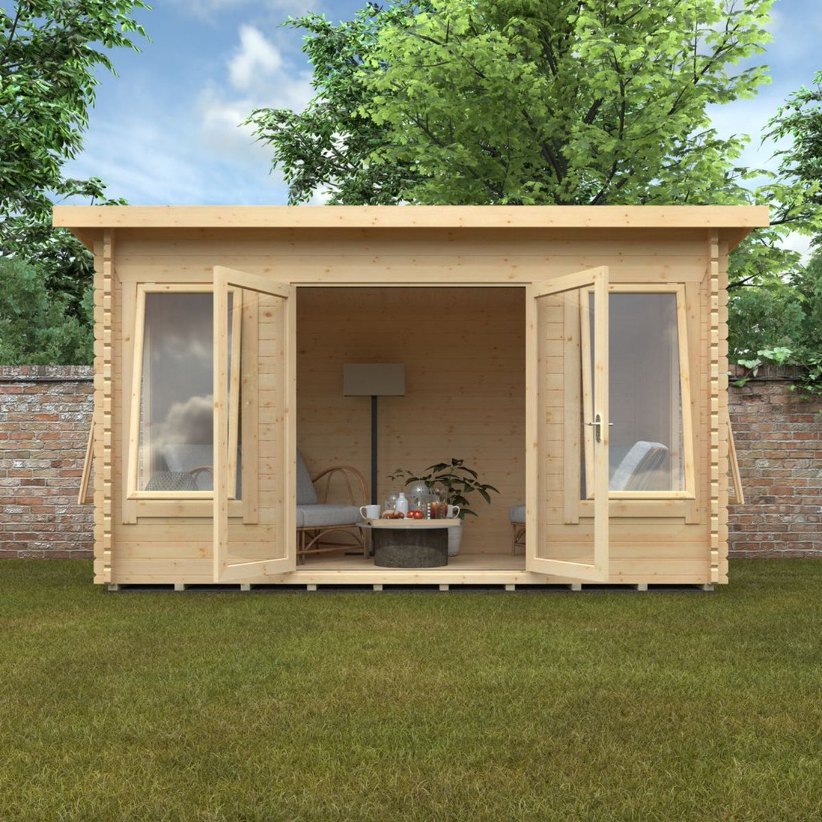 Broadfield Hatfield 44mm log cabin with double doors open showing light timber interior and garden lounge seating.