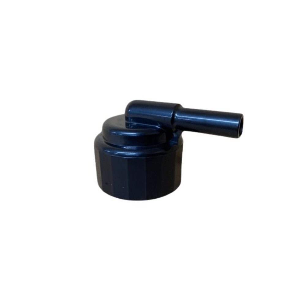 Black Pint365 cylinder inlet fitting with angled hose connector designed to attach beer line tubing to the Pint365 beer engine cylinder.