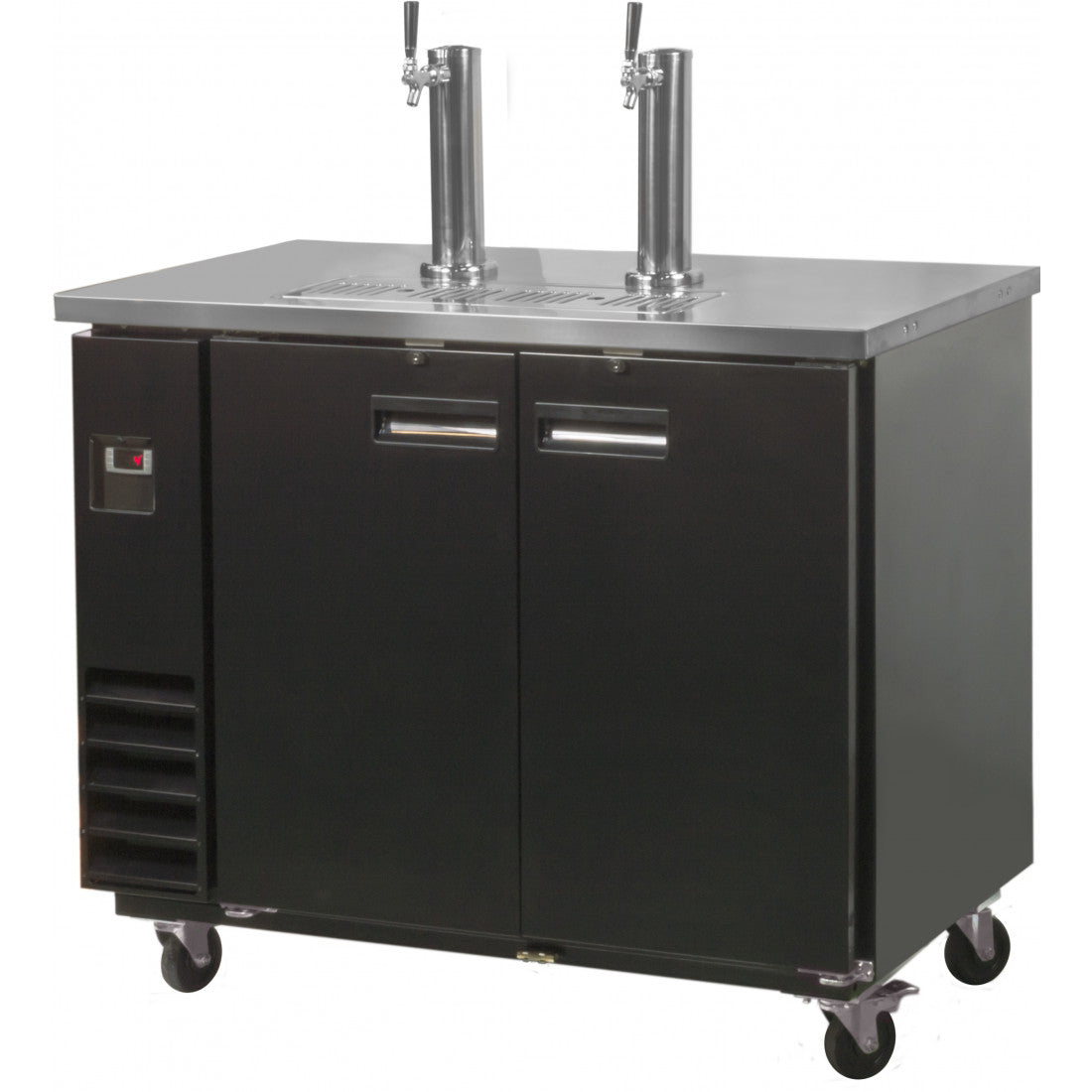 Cutout view of the Prodis double tap keg cooler with closed double doors, stainless steel worktop and heavy-duty castor wheels for mobility