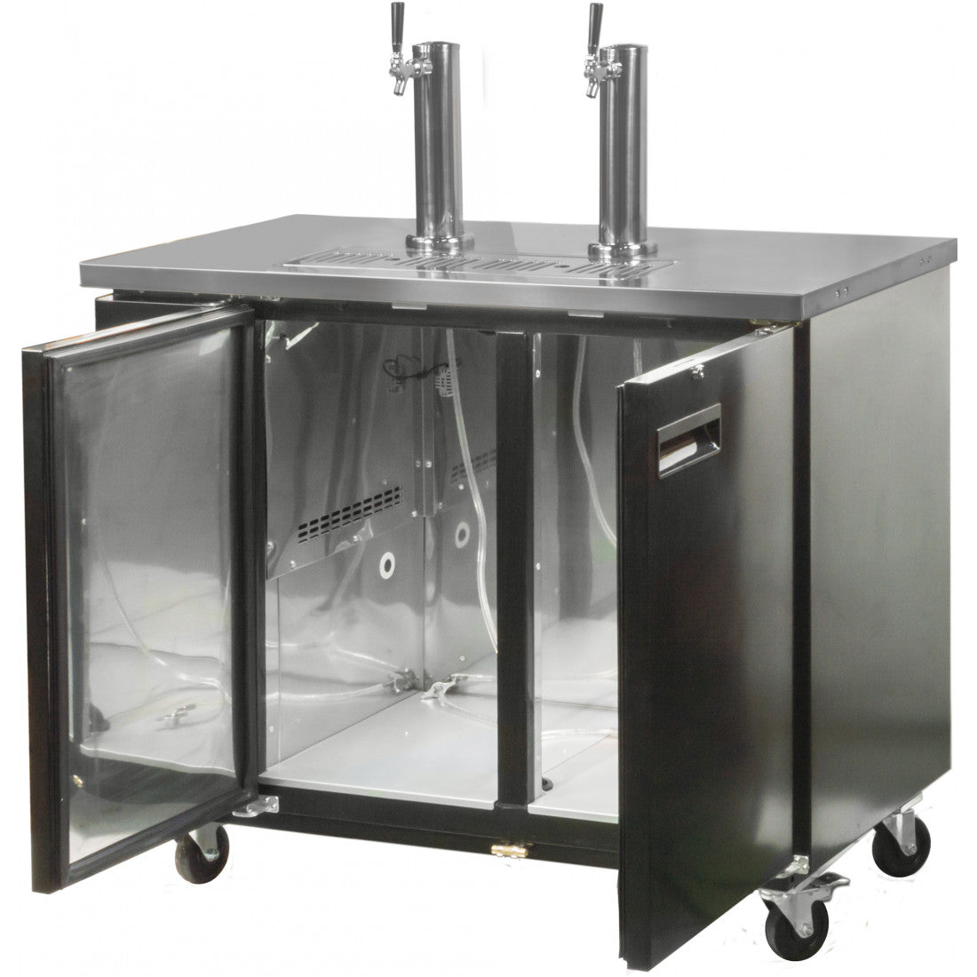 Both doors open on the Prodis double tap keg cooler in black, revealing dual keg storage compartments with internal lines and easy access