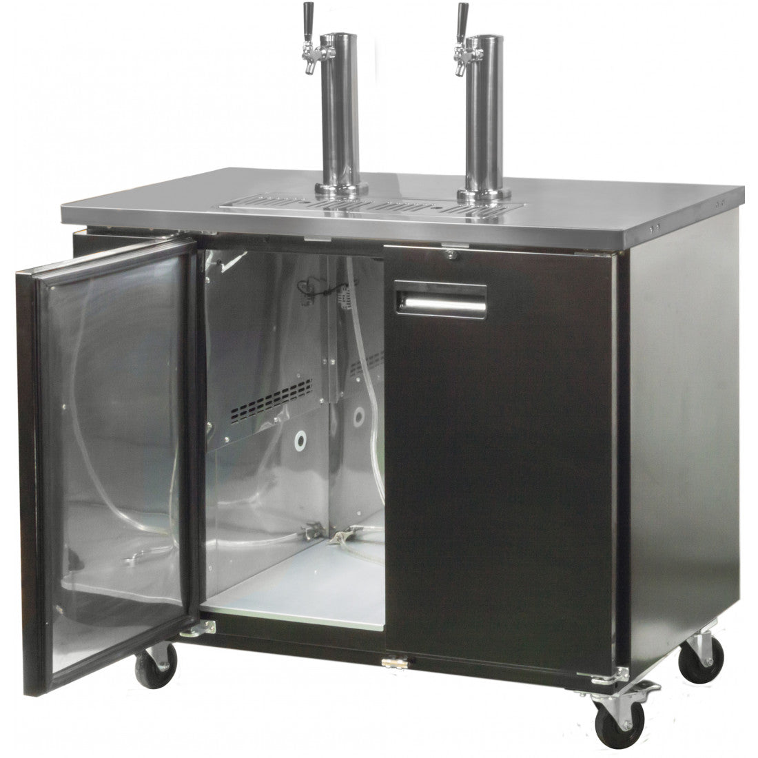 Left door open on the Prodis double tap keg cooler in black, showing one chilled keg compartment with internal tubing and clear access