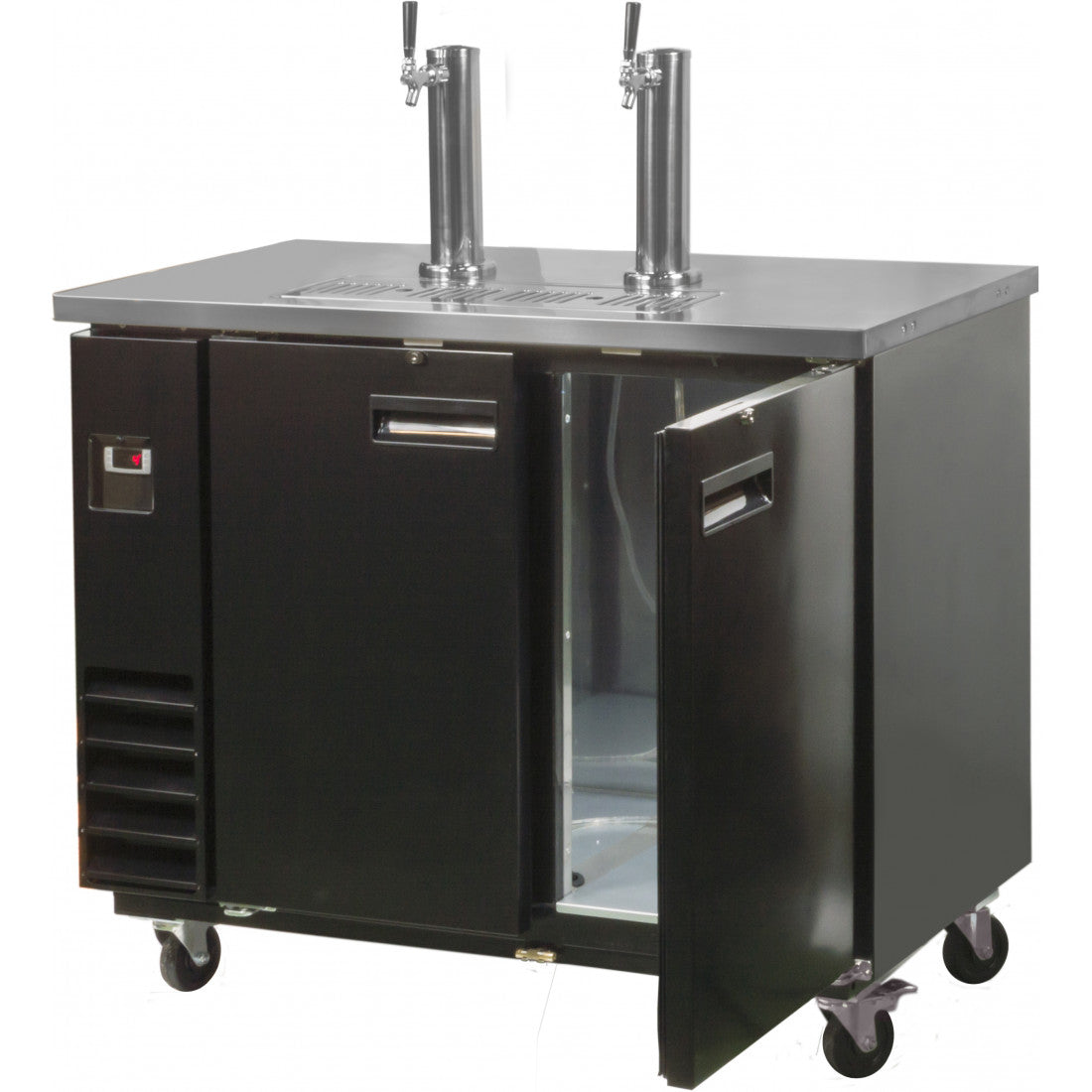 Open right door view of the Prodis double tap keg cooler, highlighting internal keg space, stainless interior and lockable wheels for easy positioning