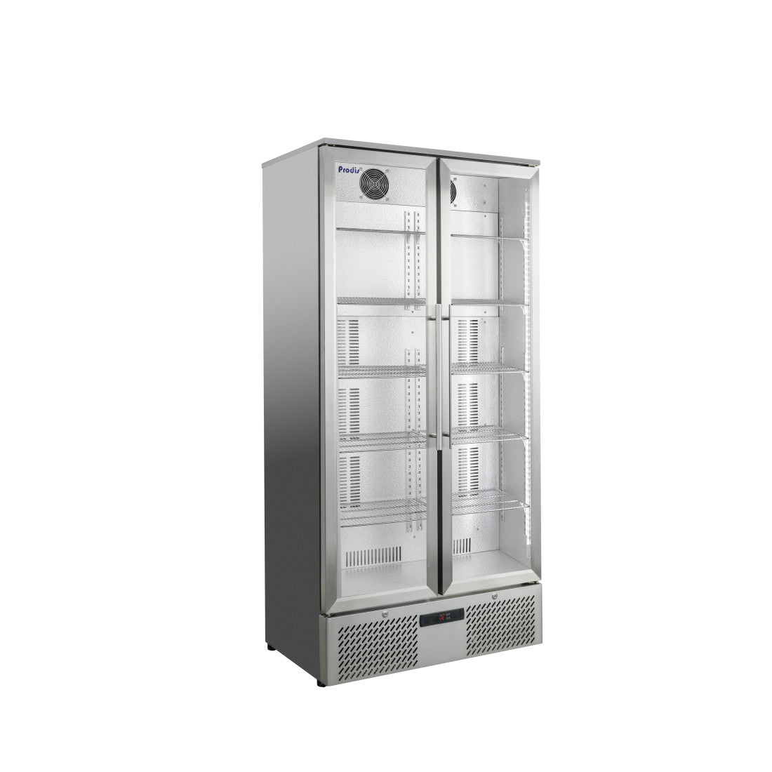 Cutout view of the Prodis low energy double door bottle cooler in stainless steel, showing twin glass doors, tall format, and clean commercial styling