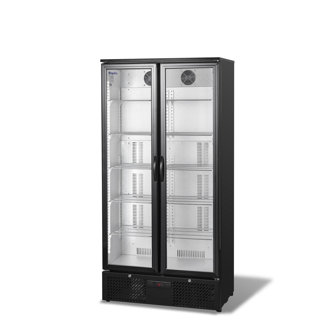 Front view of the Prodis low energy double door bottle cooler in black, featuring twin glass doors, internal shelving, and a tall cabinet design