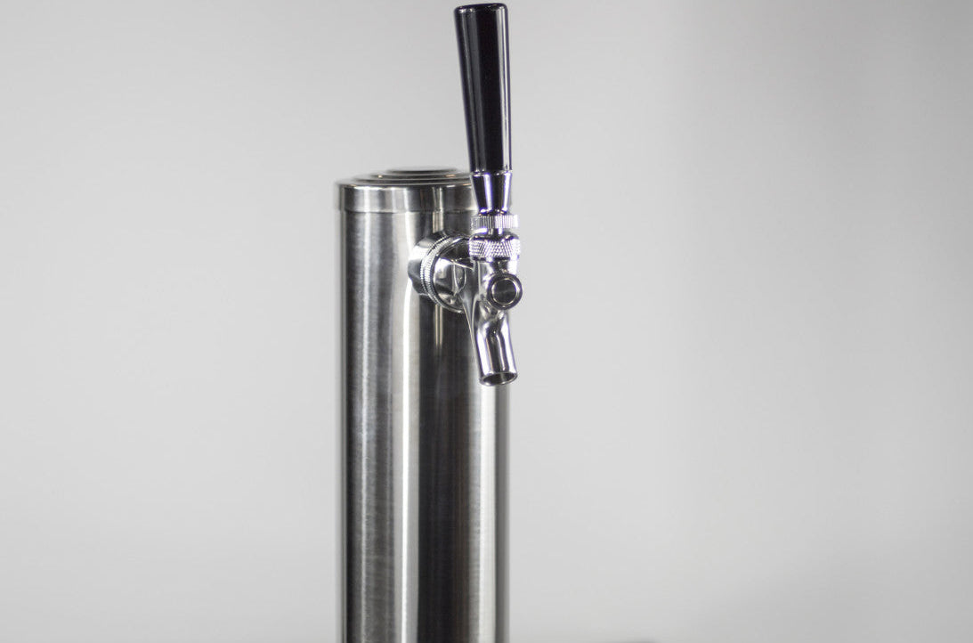 Close-up of the stainless steel beer tap and column on the Prodis single door portable keg cooler, showing polished finish and tap handle detail