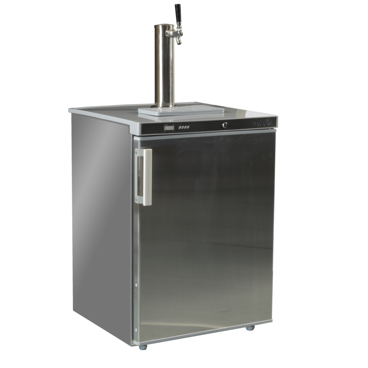 Angled cutout view of the Prodis single tap keg cooler in stainless steel, showing the upright tap tower, drip tray, and compact undercounter design