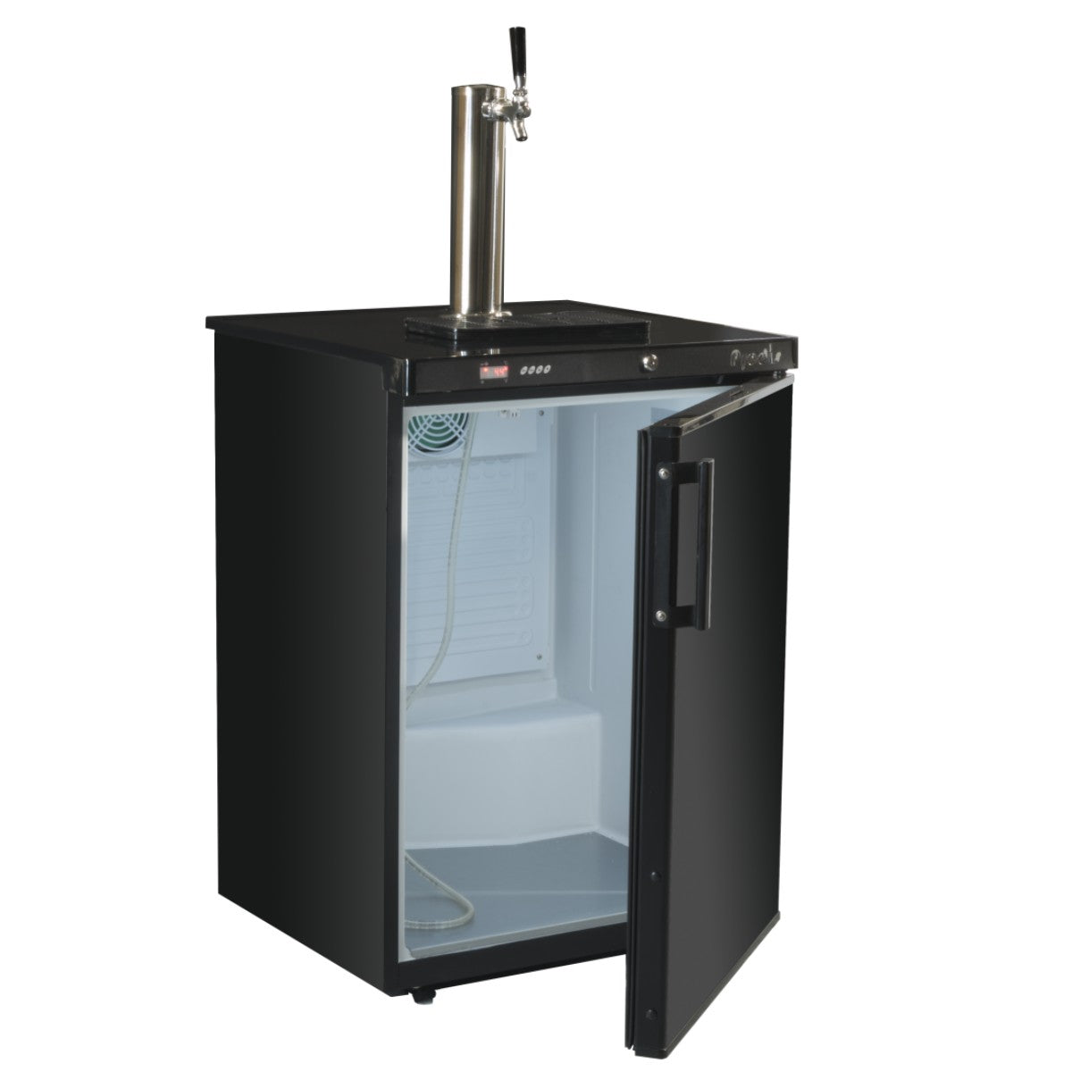 Front view of the Prodis single tap keg cooler in black with door open, showing the chilled interior space designed to house a single keg