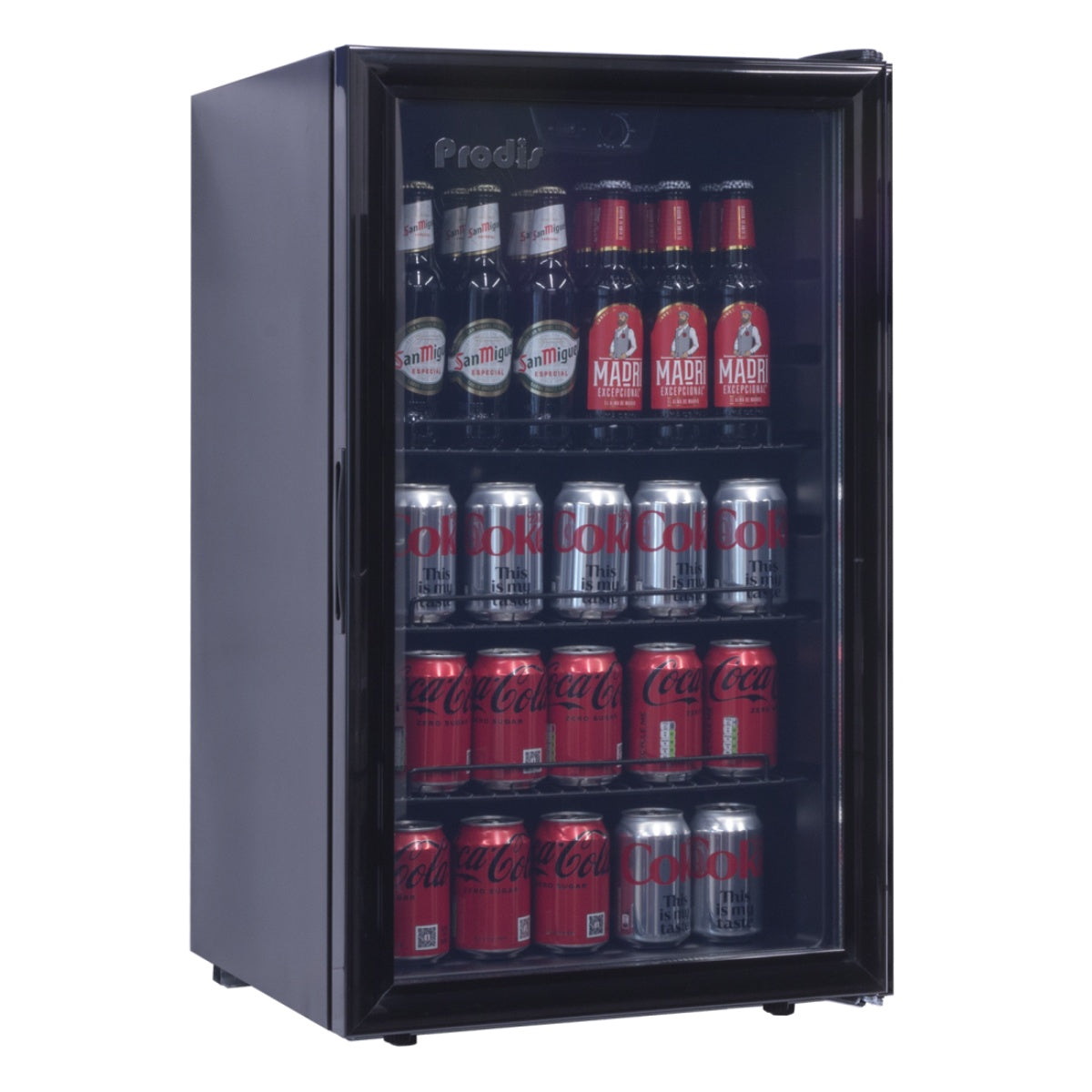 Cutout view of the Prodis under counter beverage cooler in black, showing glass door, internal shelving, and compact footprint for home bars