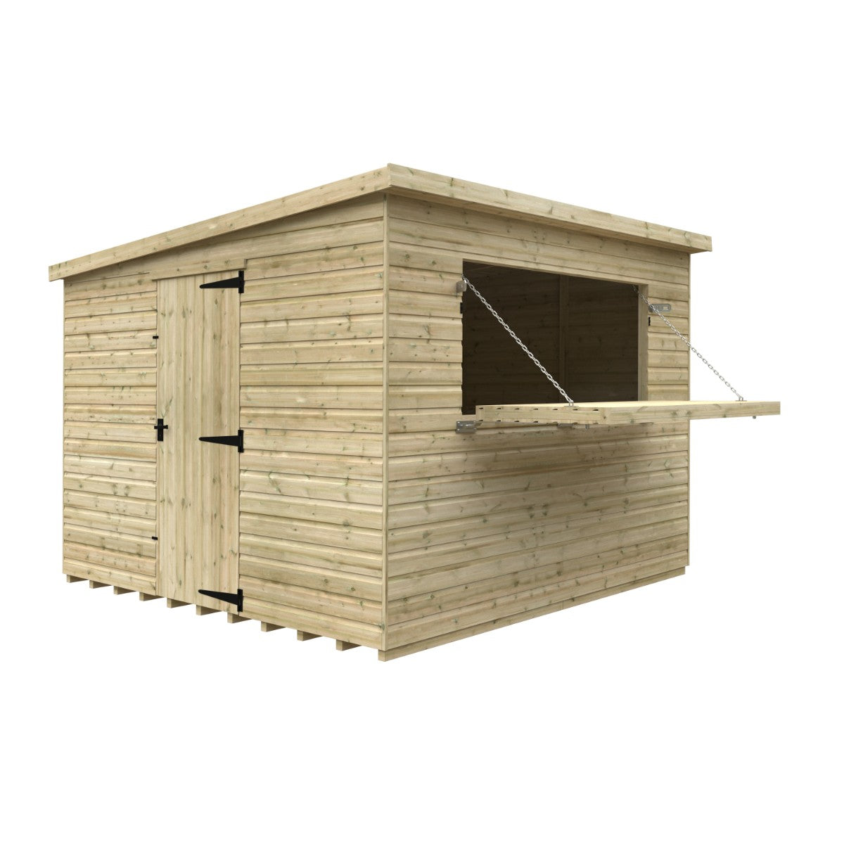 Cutout view of the Broadfield tanalised bar shed measuring 10ft wide x 10ft deep, highlighting open serving hatch, compact bar interior and side access