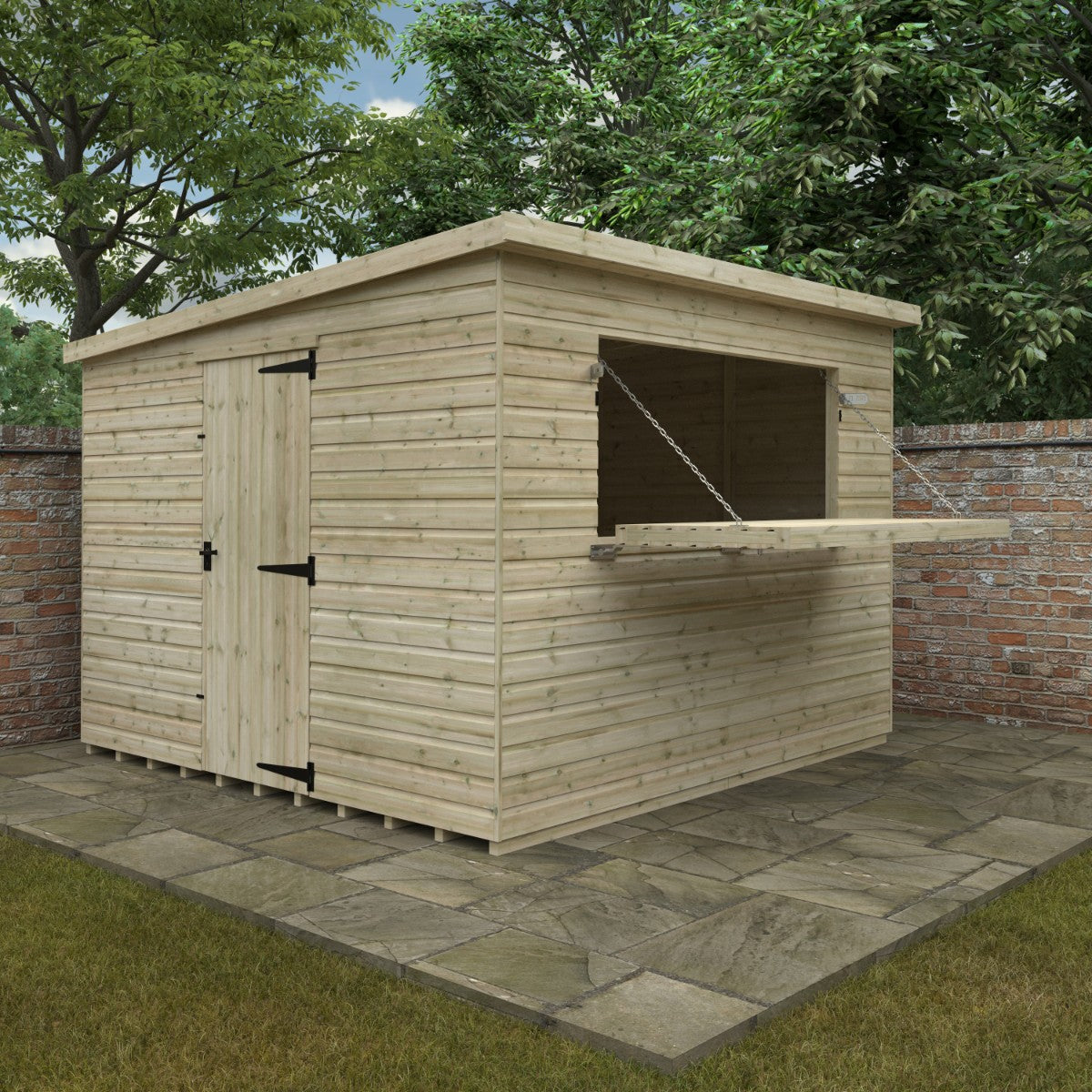 Lifestyle view of the Broadfield tanalised bar shed measuring 10ft wide x 10ft deep, set in a compact garden with serving hatch open